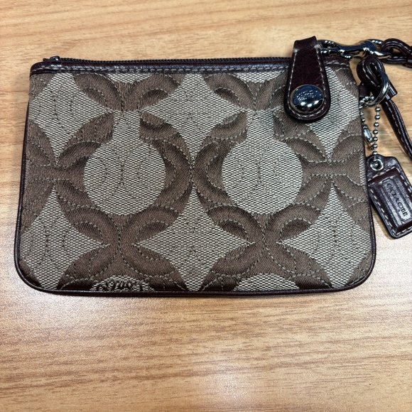COACH Signature Brown Wristlet With Leather COACH Tag - Picture 1 of 8